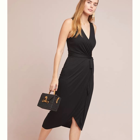 Anthropologie Maeve Mayer Black Wrap Style Midi Dress Size Medium